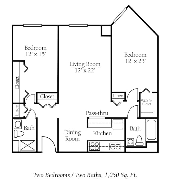 A floor plan of a 1,050 square foot home with two bedrooms and two bathrooms.