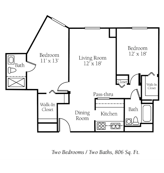 A floor plan of a 806 square foot home with two bedrooms and two bathrooms.