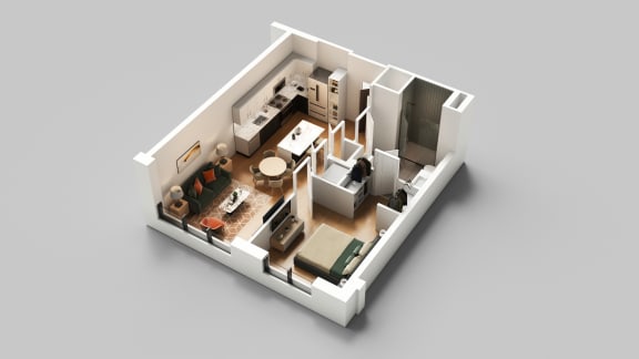 Floor Plan  a 3d floor plan of a one bedroom apartment