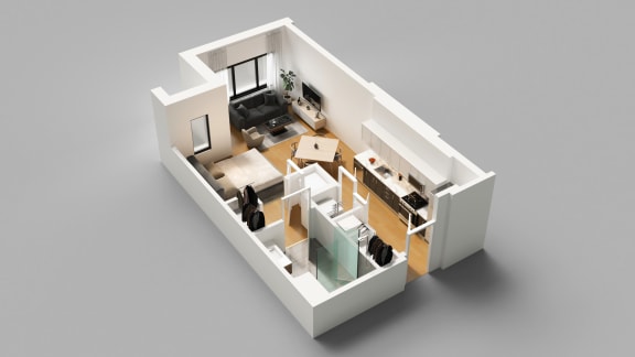 Floor Plan  a 3d rendered floor plan of a one bedroom apartment