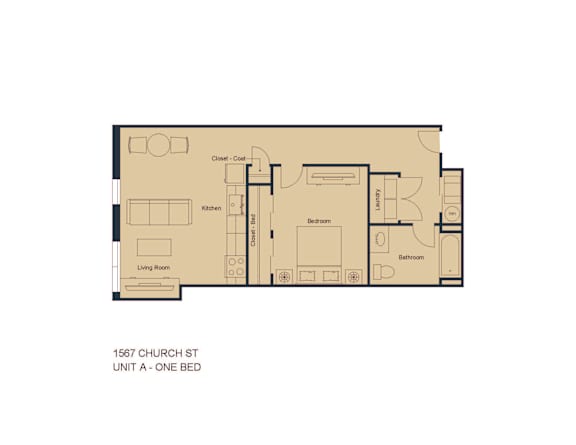 Floor Plan  A floor plan of a one bedroom apartment at 1567 Church St.