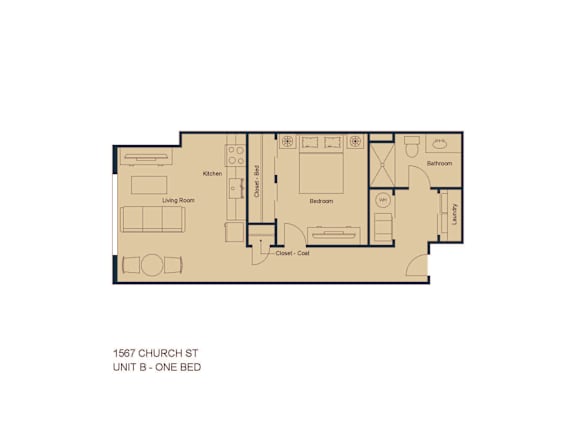 A floor plan of a one bedroom apartment at 1567 Church St.