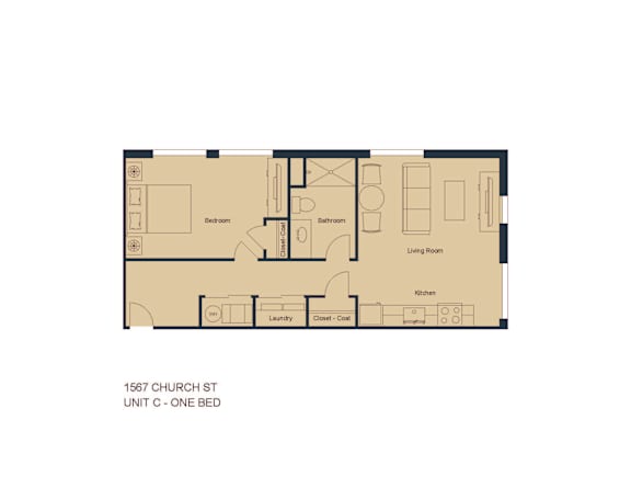 A floor plan of a one bedroom apartment at 1567 Church St.
