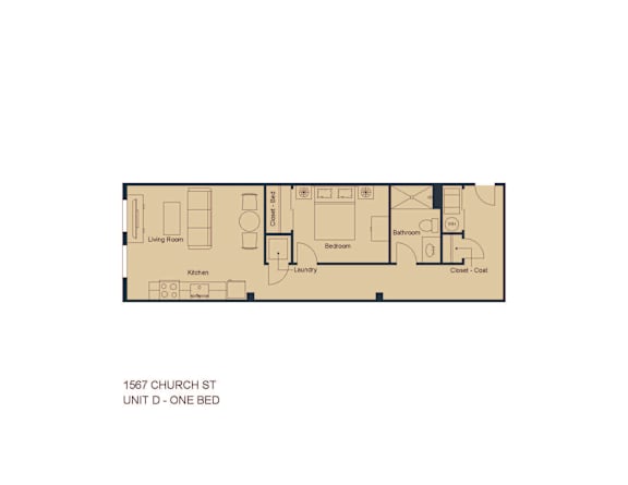 A floor plan of a one bedroom apartment at 1567 Church St.