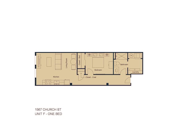 A floor plan of a one bedroom apartment at 1567 Church St.
