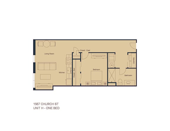 Floor Plan  A floor plan of a one bedroom apartment at 1567 Church St.
