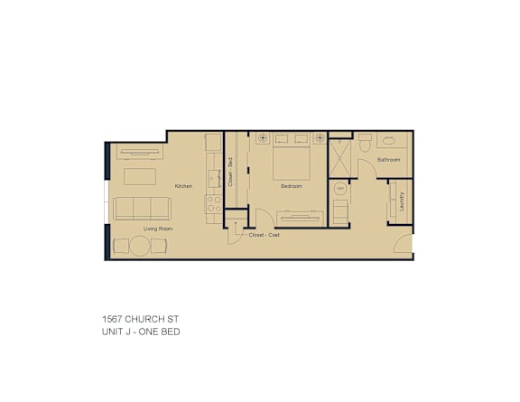 Floor Plan  A floor plan of a one bedroom apartment at 1567 Church St.