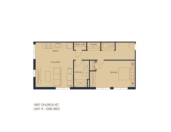 A floor plan of a one bedroom apartment at 1567 Church St.