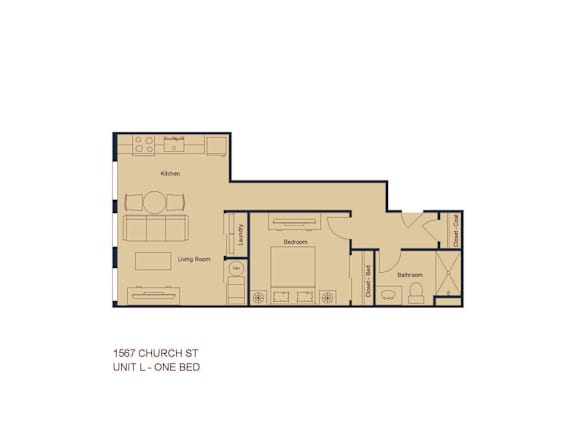 A floor plan of a one bedroom apartment at 1567 Church St.