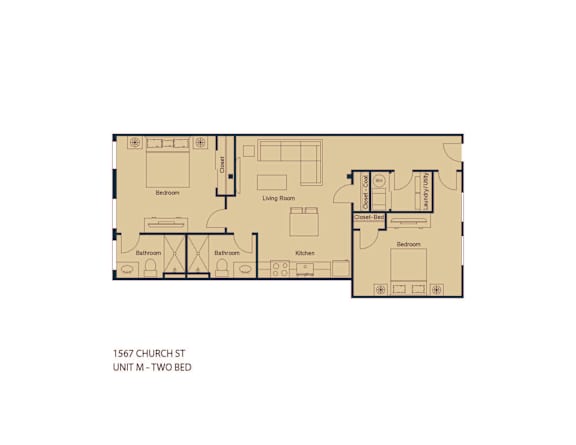 A floor plan of a two bedroom unit at 1567 Church St.