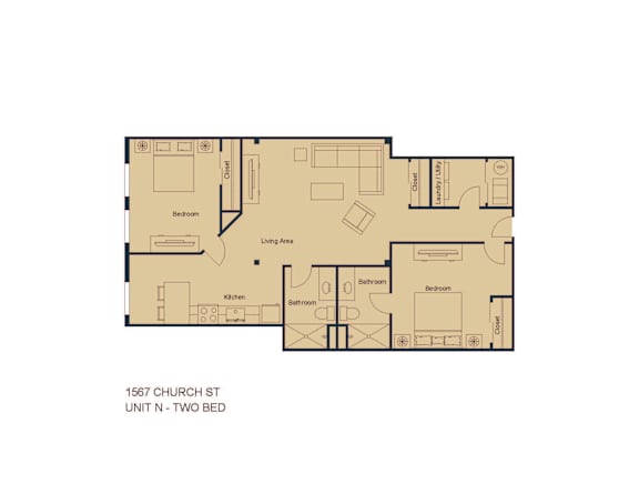 A floor plan of a two bedroom apartment at 1567 Church St.