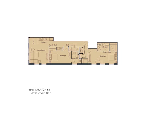 A floor plan of a two bedroom apartment at 1567 Church St.