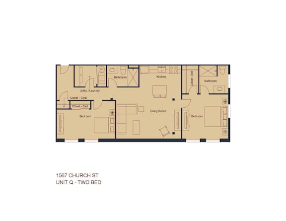 A drawing of a floor plan for a two bedroom apartment.