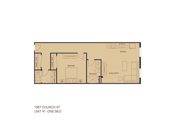 A floor plan of a one bedroom unit at 1567 Church St.