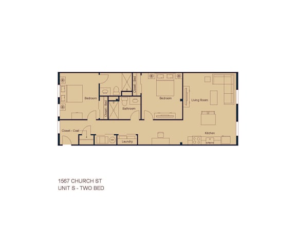 Floor Plan  A floor plan of a two bedroom unit at 1567 Church St.