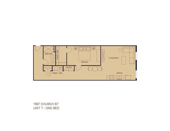 Floor Plan  A floor plan of a one bedroom unit at 1567 Church St.