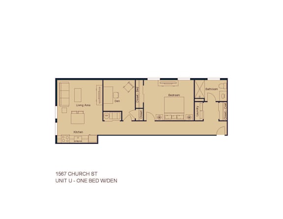A floor plan of a one bedroom apartment with a den.