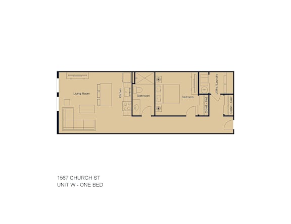 A floor plan of a one bedroom apartment at 1567 Church St.