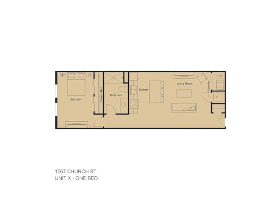 A floor plan of a one bedroom apartment at 1567 Church St.