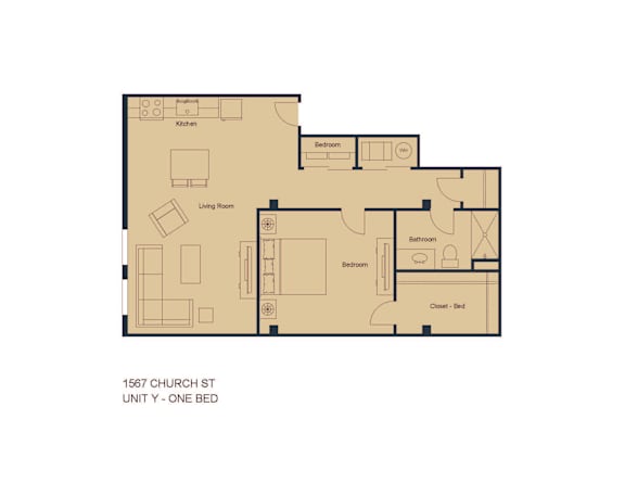 A floor plan of a one bedroom apartment at 1567 Church St.