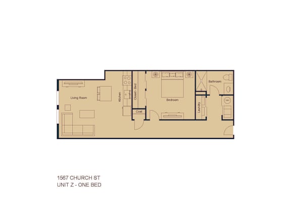Floor Plan  A floor plan of a one bedroom apartment at 1567 Church St.