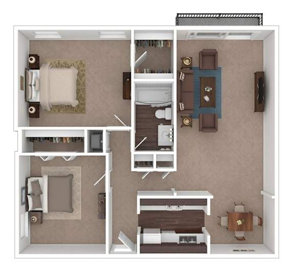A floor plan of a small apartment with a bedroom, living room, and kitchen.