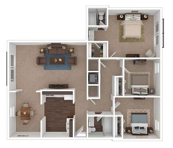 A floor plan of a house with a kitchen, living room, and bedrooms.