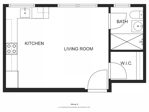 a floor plan of a studio apartment with a bedroom and a living room