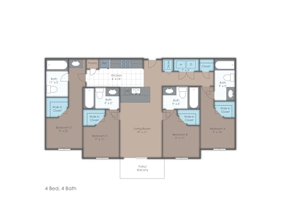 A floor plan of a 4 bedroom, 4 bathroom apartment.