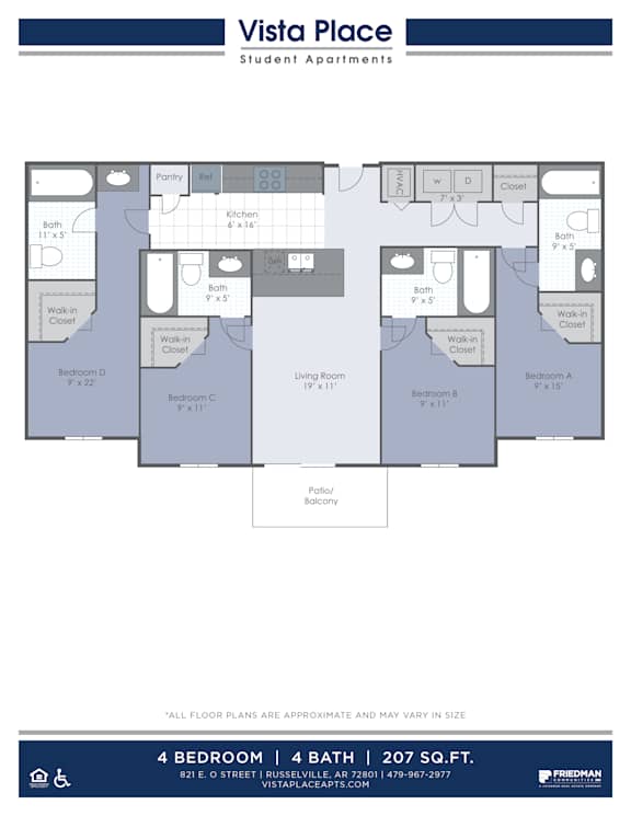 A floor plan for a 4 bedroom, 4 bathroom apartment sized 207 square feet.
