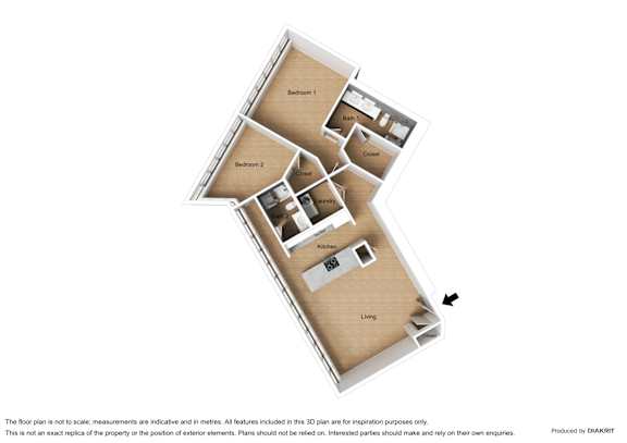 A diagram of a house with a living room, two bedrooms, a bathroom, and a kitchen.