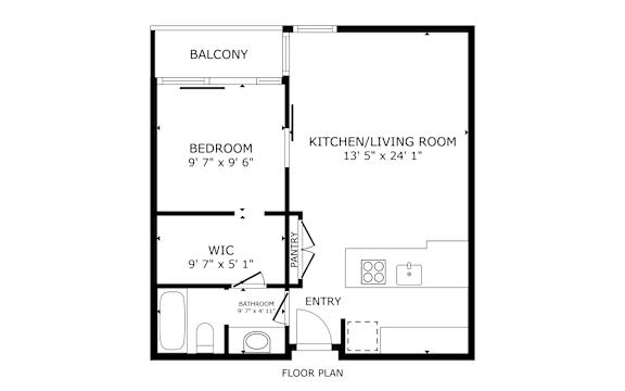 A floor plan of an apartment with a bedroom, kitchen/living room, bathroom, and entry.