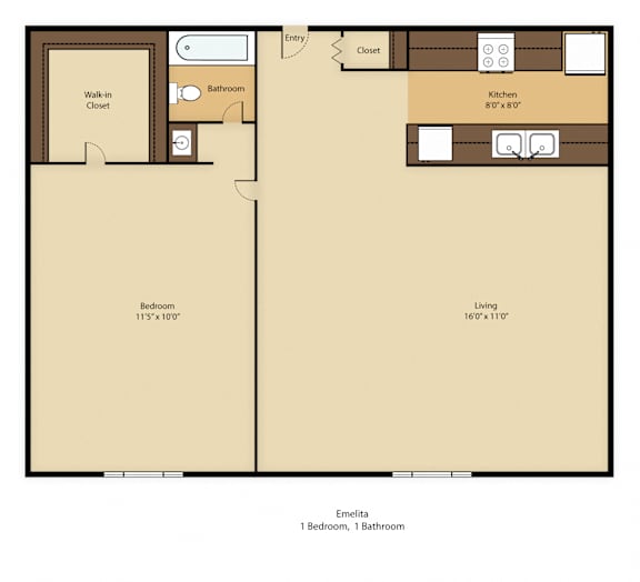 A floor plan of a one bedroom, one bathroom apartment.