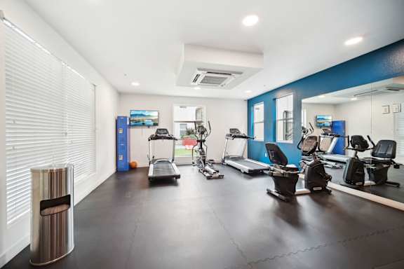 A gym with a variety of equipment including treadmills, stationary bikes, and weight machines.
