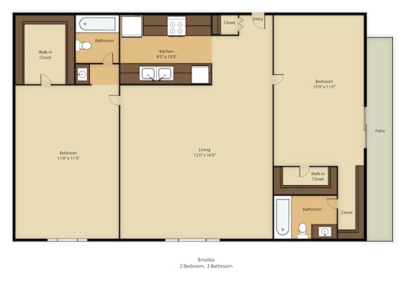 A floor plan of a home with two bedrooms, two bathrooms, and a kitchen.
