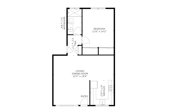 A floor plan of a bedroom, living room, and entry.