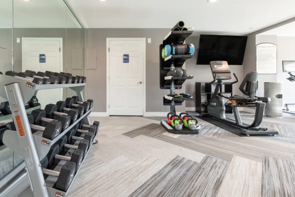 a gym with treadmills and weights and a television