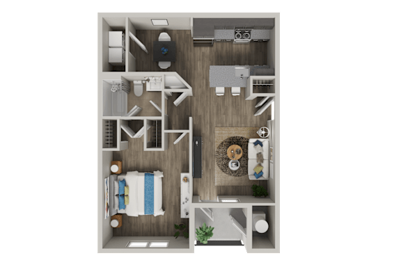 A top-down view of a small apartment with a kitchen, living room, and bedroom.
