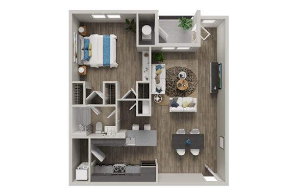 A top-down view of a small, neatly organized apartment with a kitchen, living room, and bathroom.
