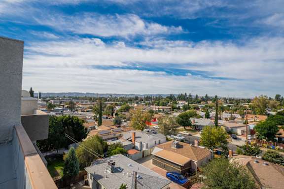 A view of a residential area from a high vantage point.