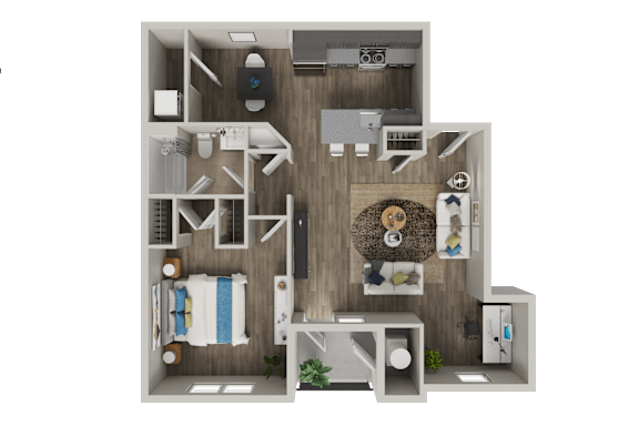 A 3D floor plan of a small apartment with a bedroom, living room, and kitchen.