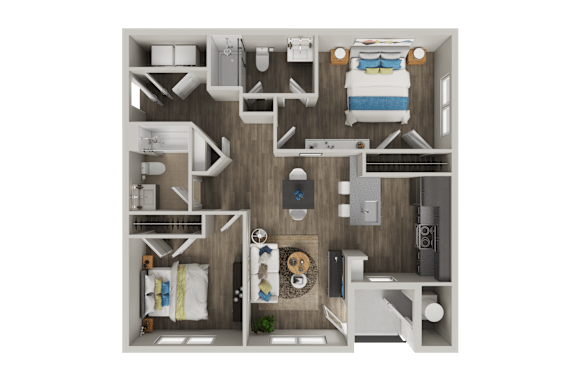 A top-down view of a small apartment with a bedroom, living room, kitchen, and bathroom.