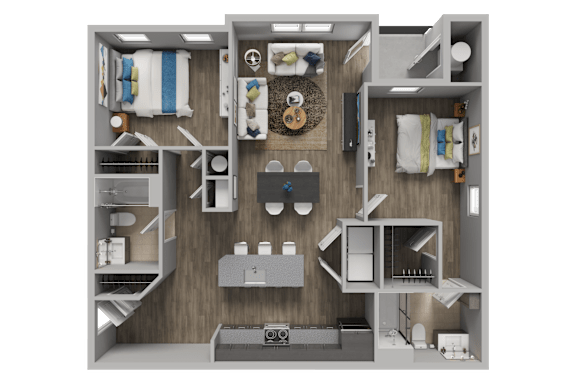 A detailed 3D floor plan of a small apartment layout.