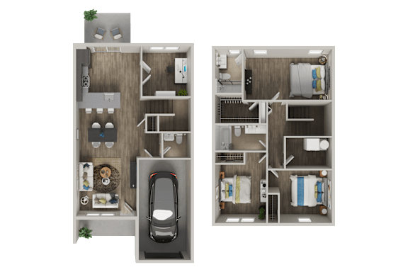 A 3D floor plan of a two-bedroom apartment with a car parked in the garage.