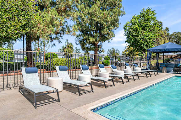 A row of sun loungers are arranged on the edge of a pool.