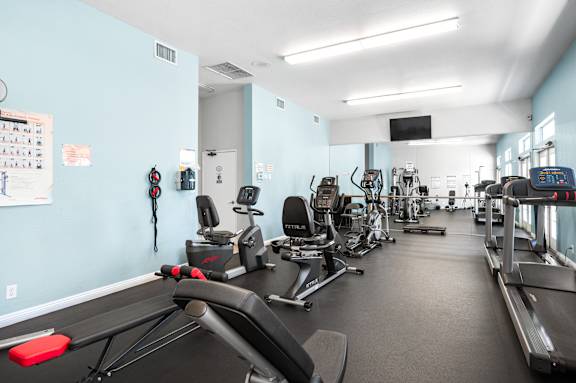A gym with treadmills, exercise bikes, and other equipment.