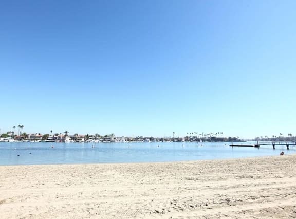 A beach with a clear blue sky and a pier in the distance.
