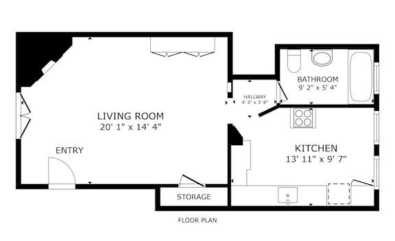A floor plan of a small apartment with a living room, kitchen, bathroom and storage.