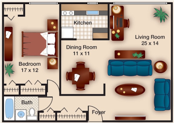 A floor plan of a living space with a kitchen, dining room, bedroom, and bathroom.
