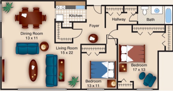 A floor plan of a house with a dining room, living room, kitchen, two bedrooms, a bath, and a foyer.